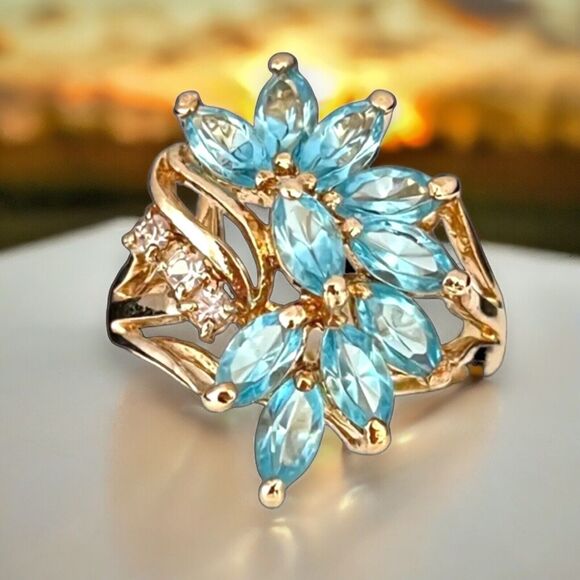 Vintage Ring Size 6 Blue Crystal Cluster 14K Gold Plate Mid-Century 14E - Picture 6 of 14